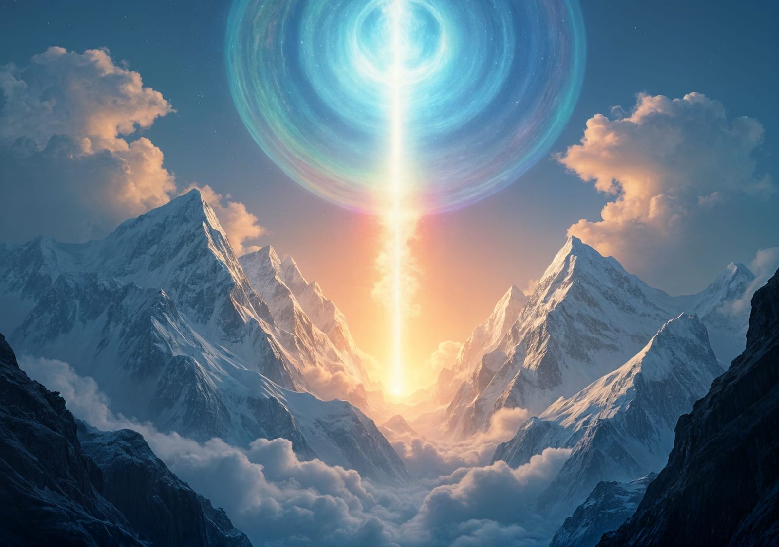 Himalayan Mountains with Iridescent Light Pillar