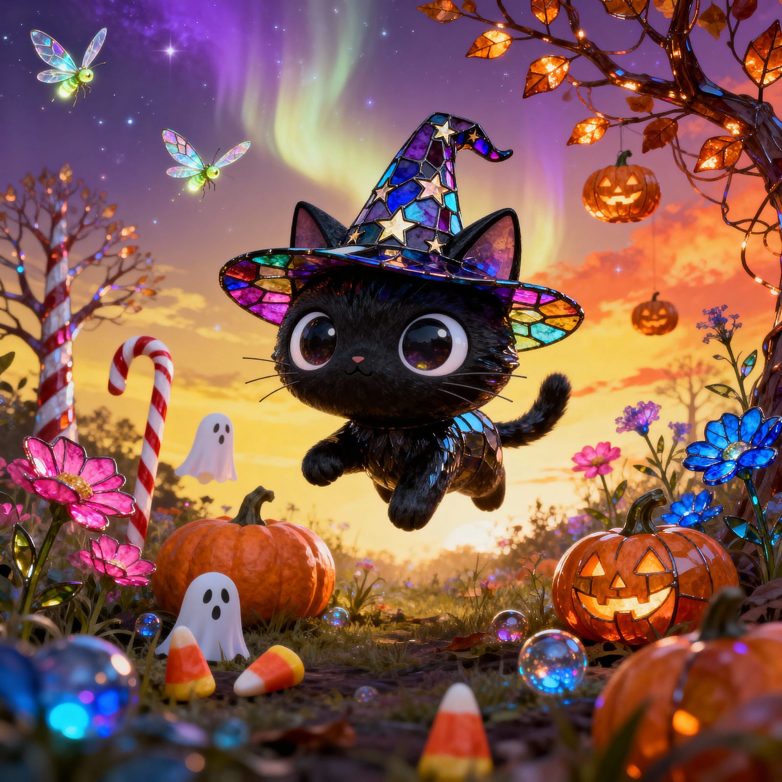 Kawaii Witch Cat Amidst Halloween Festivities