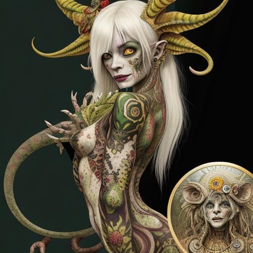 Surrealist Fantasy: Tattooed Figure in Imperial Colors