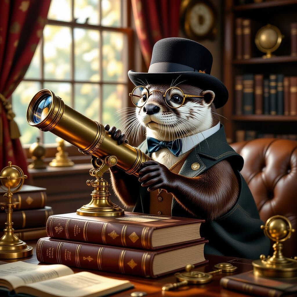 Steampunk Otter Polishing Telescope in Cozy Study