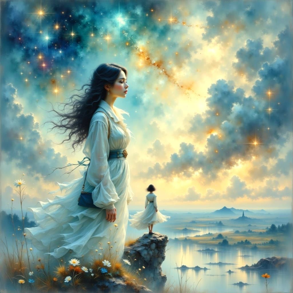 Ethereal Impressionistic Starry Night in Watercolor Style