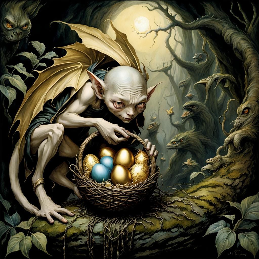 My precious:  Gollum stealing golden eggs from a nest