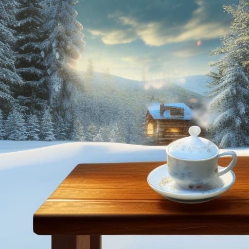 Cozy Cabin Tea Cup on Snowy Mountain