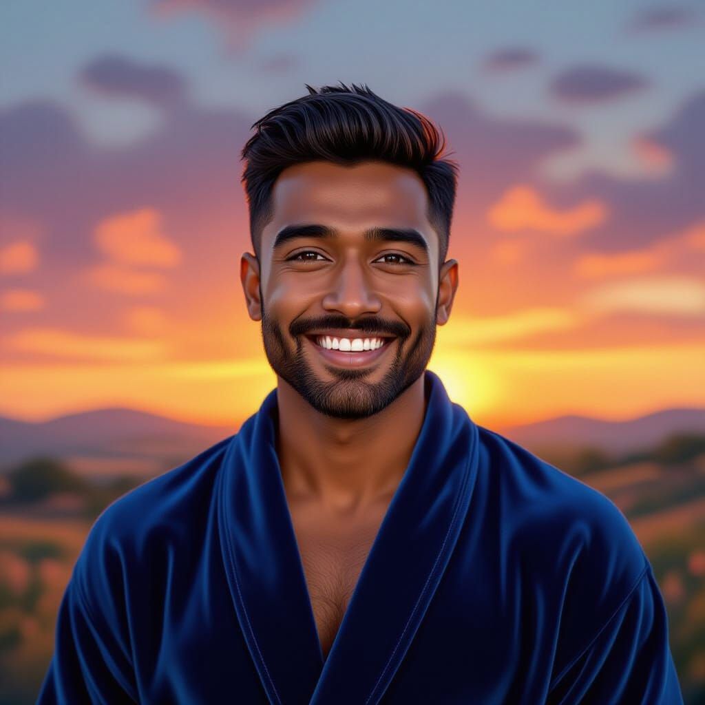 Smiling Man in Blue Robe, Gouache on Canvas