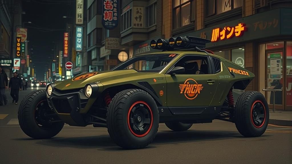 Cyberpunk Chrysler Buggy in Neon Cityscape