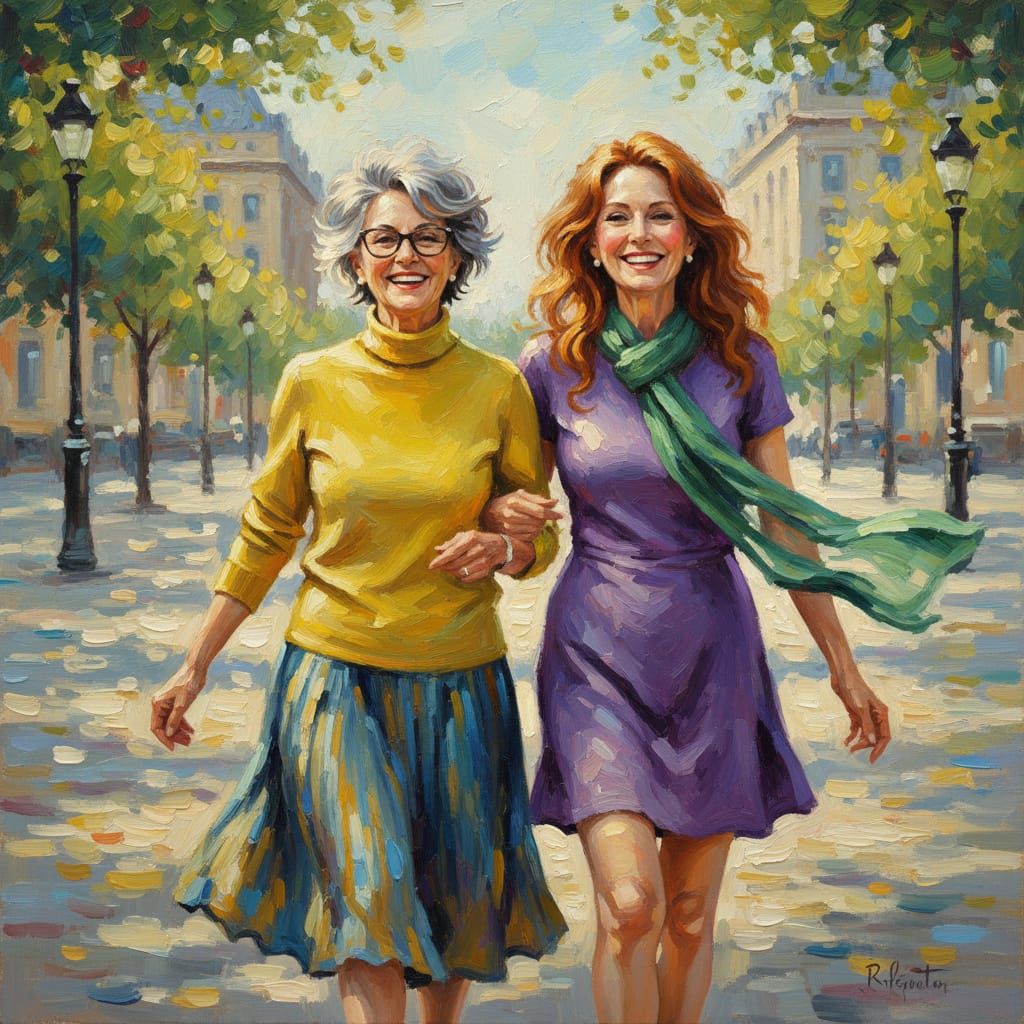 Impressionist Oil Painting of Two Women Strolling