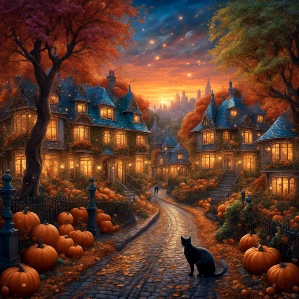 Halloween Street Scene in Glittering Impressionist Style