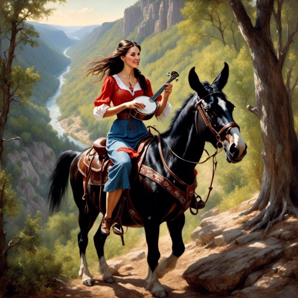 Banjo Woman Rides Mule Through Ozarks as Oil Painting