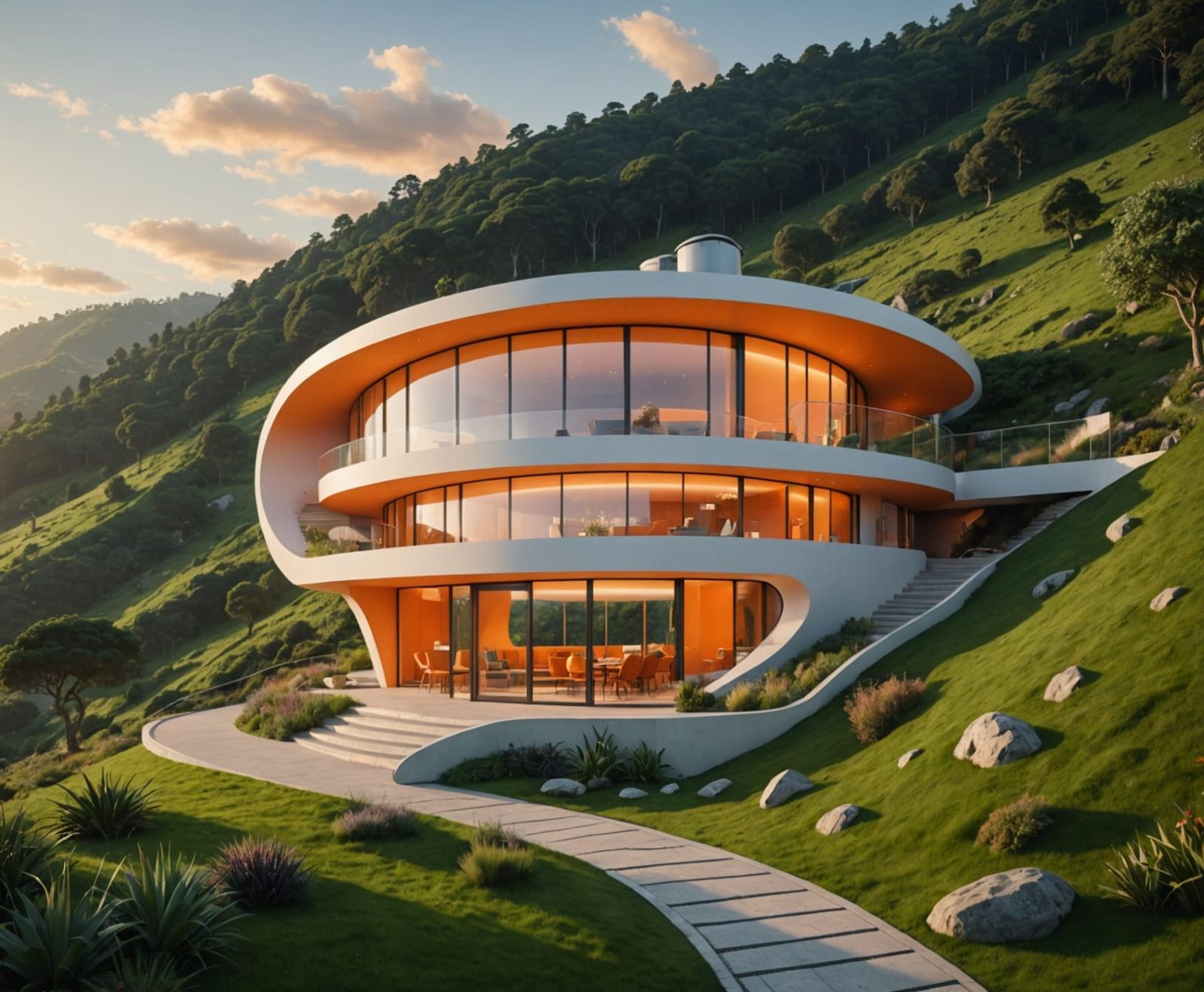 Surreal Futuristic House Radiates Warmth Amidst Dawn's Soft....