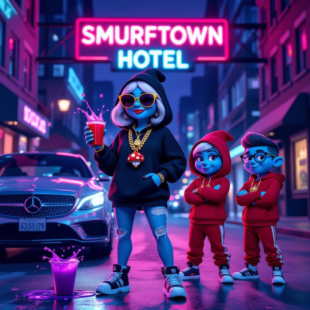 Smurf-Inspired Urban Characters in Neon City at Night