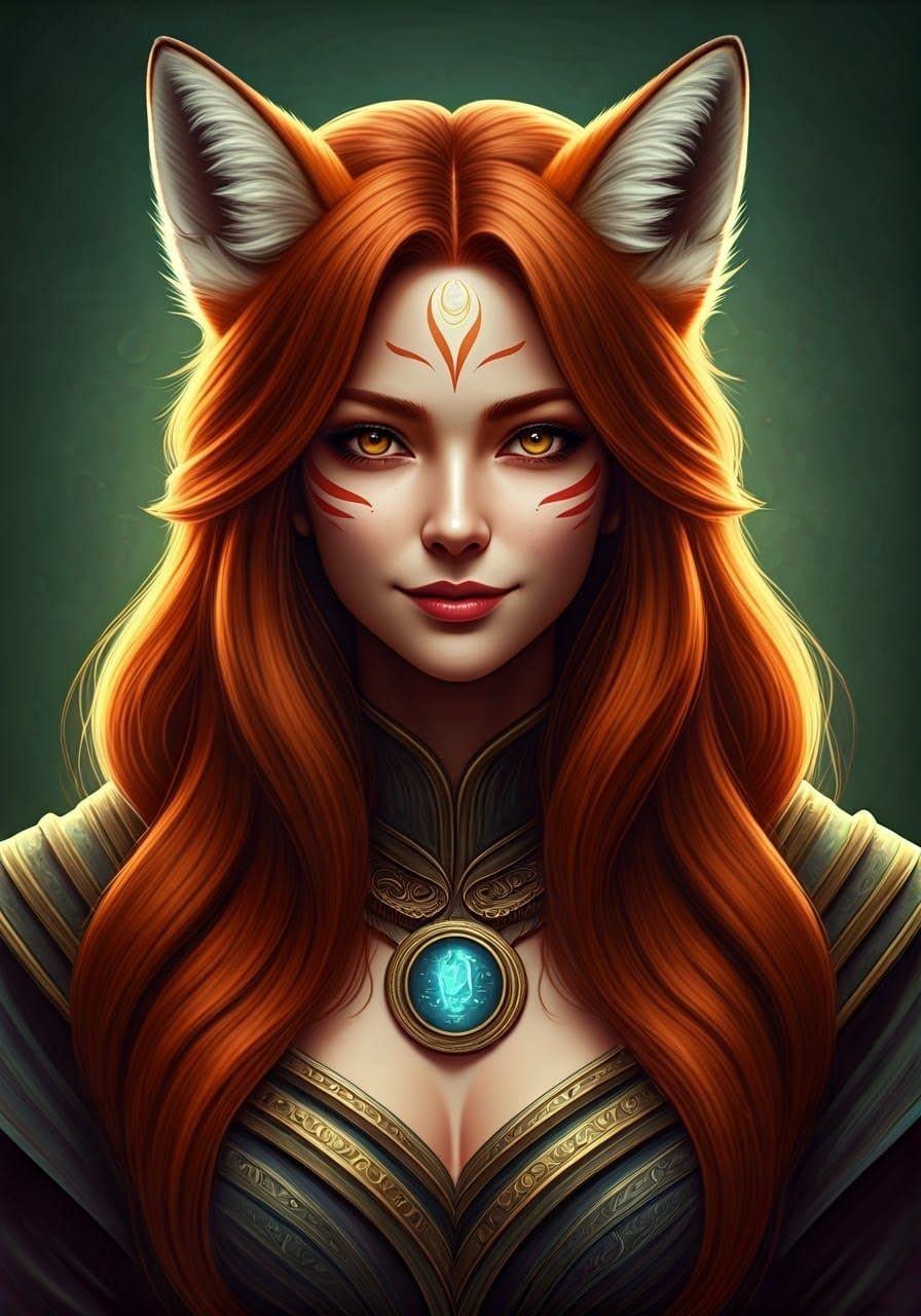 Elegant Kitsune Goddess with Fox Ears and Mystical Symbols