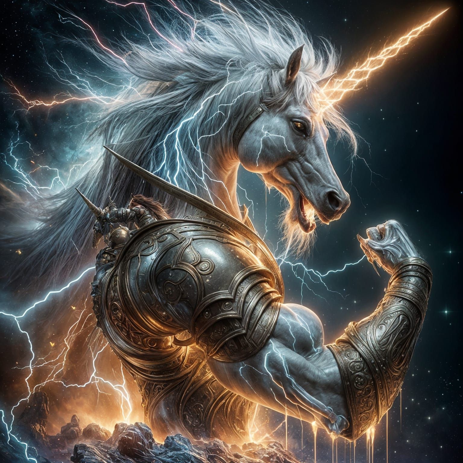 Hyper-Realistic Warrior Unicorn in Celestial Surrealism Styl...