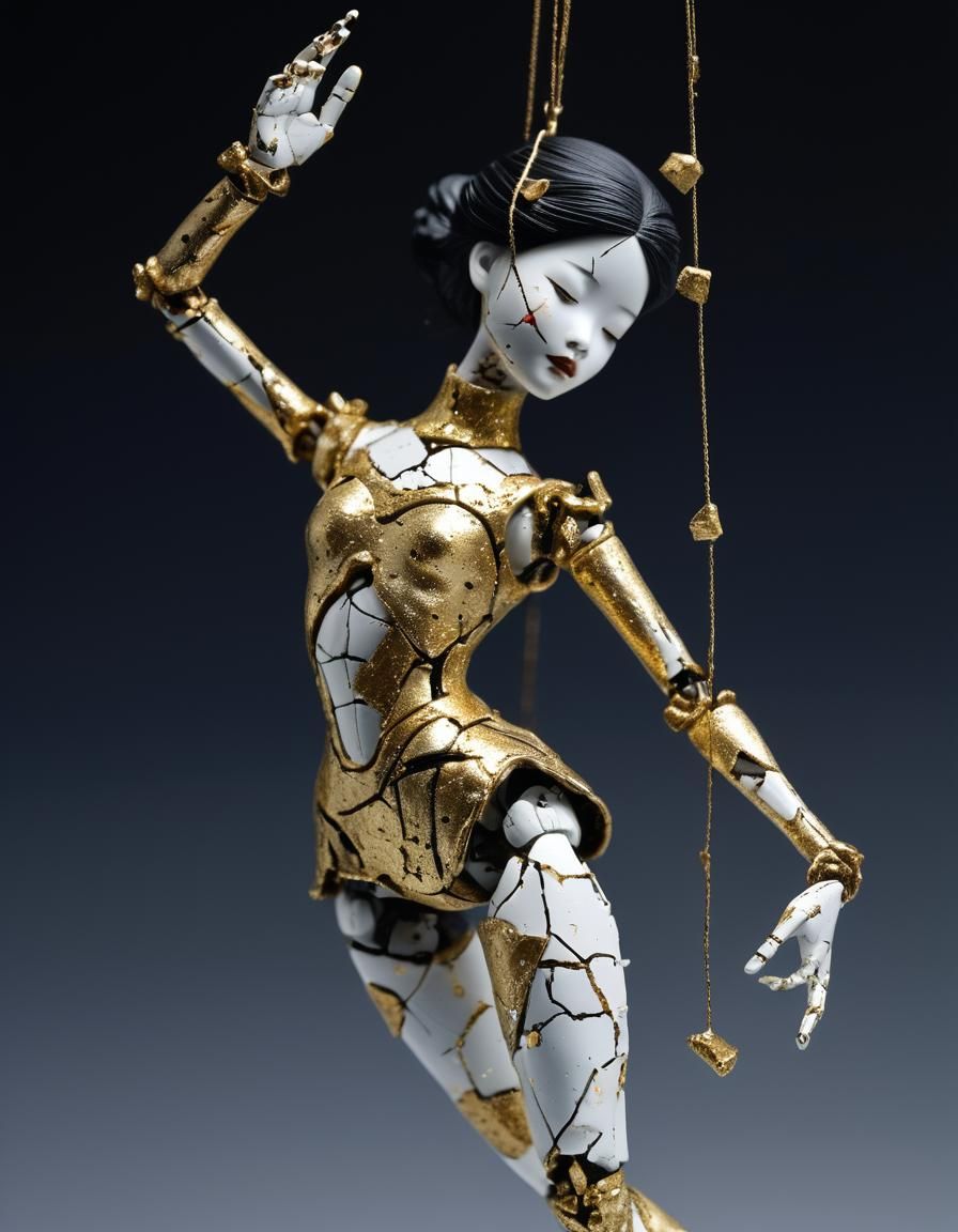 Kintsugi Porcelain Doll Figurine in Dramatic Pose