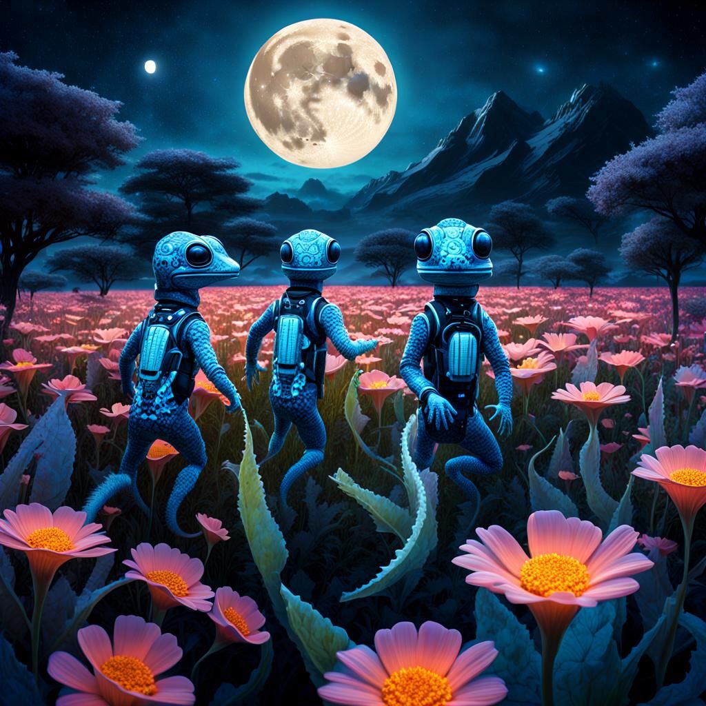 Futuristic Geckos in Bioluminescent Cyberpunk Field