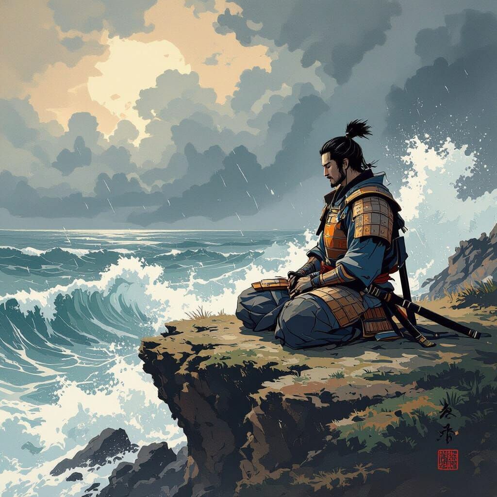 Samurai Meditating by Stormy Sea, Ukiyo-e Style