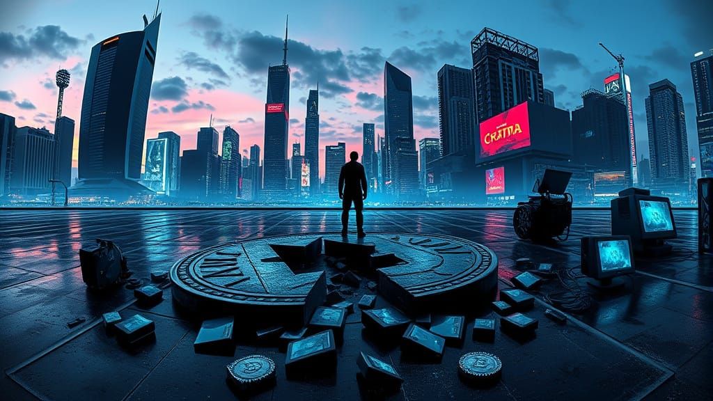 Cyberpunk Dystopian Cityscape at Dusk: Crypto Trap Album Cov...