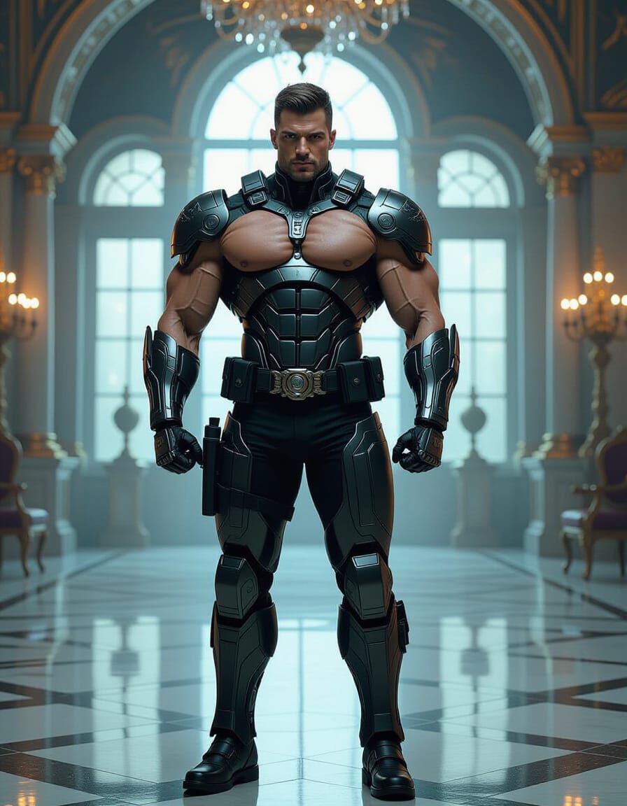Cyborg Soldier in Opulent Ballroom, Gritty Sci-Fi Art