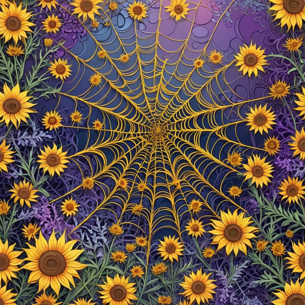 Spider Weaving Web of Sunflowers in Van Gogh Style