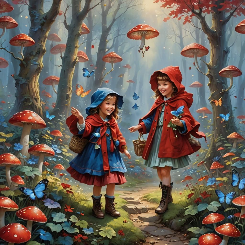 Girl in Red Coat in Ethereal Fantasy Forest
