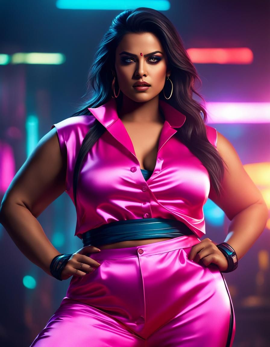 Curvy Fantasy Figure in Cyberpunk Neon Style