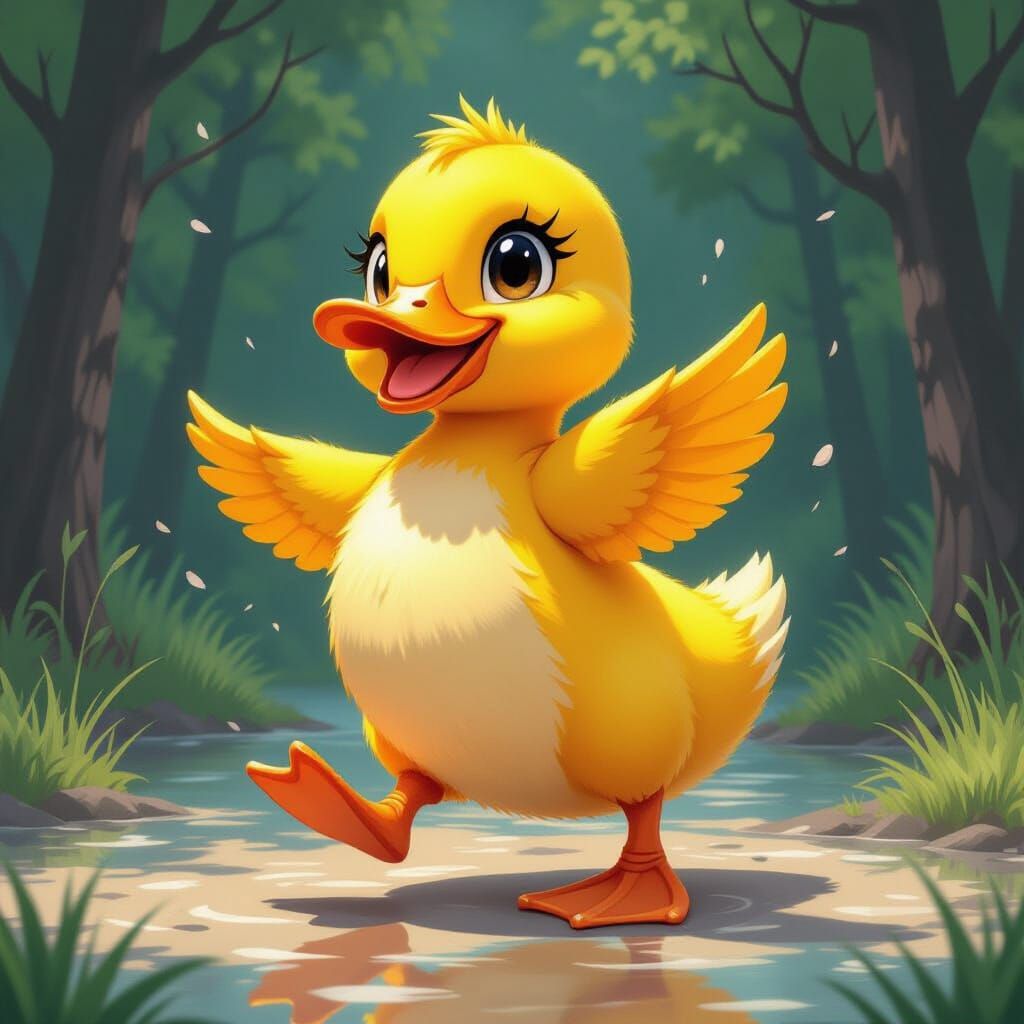 Yellow Duck Dancing Rock: 3D Anime Charcoal Art