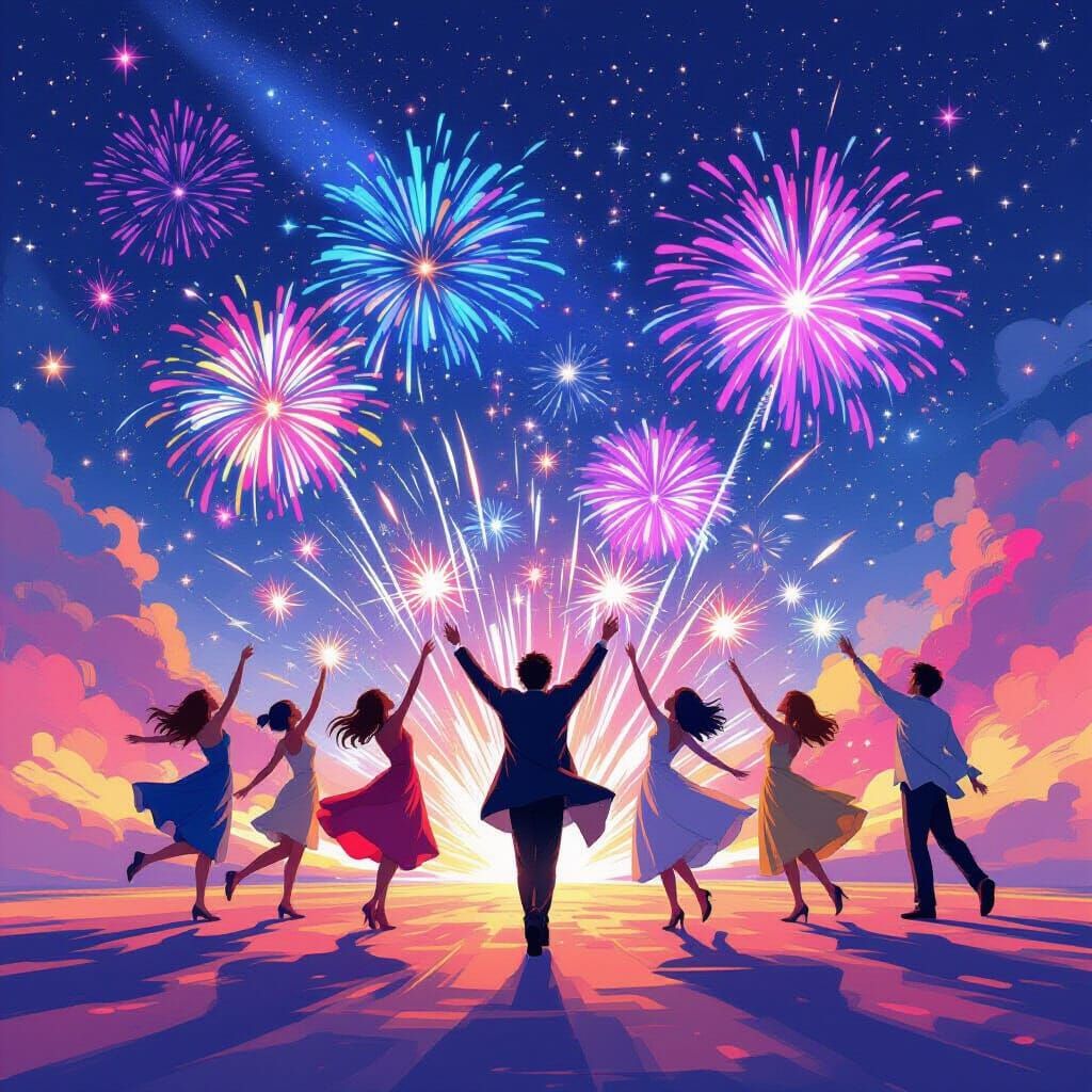 Fireworks People Dancing in a Vibrant Galaxy Anime Style
