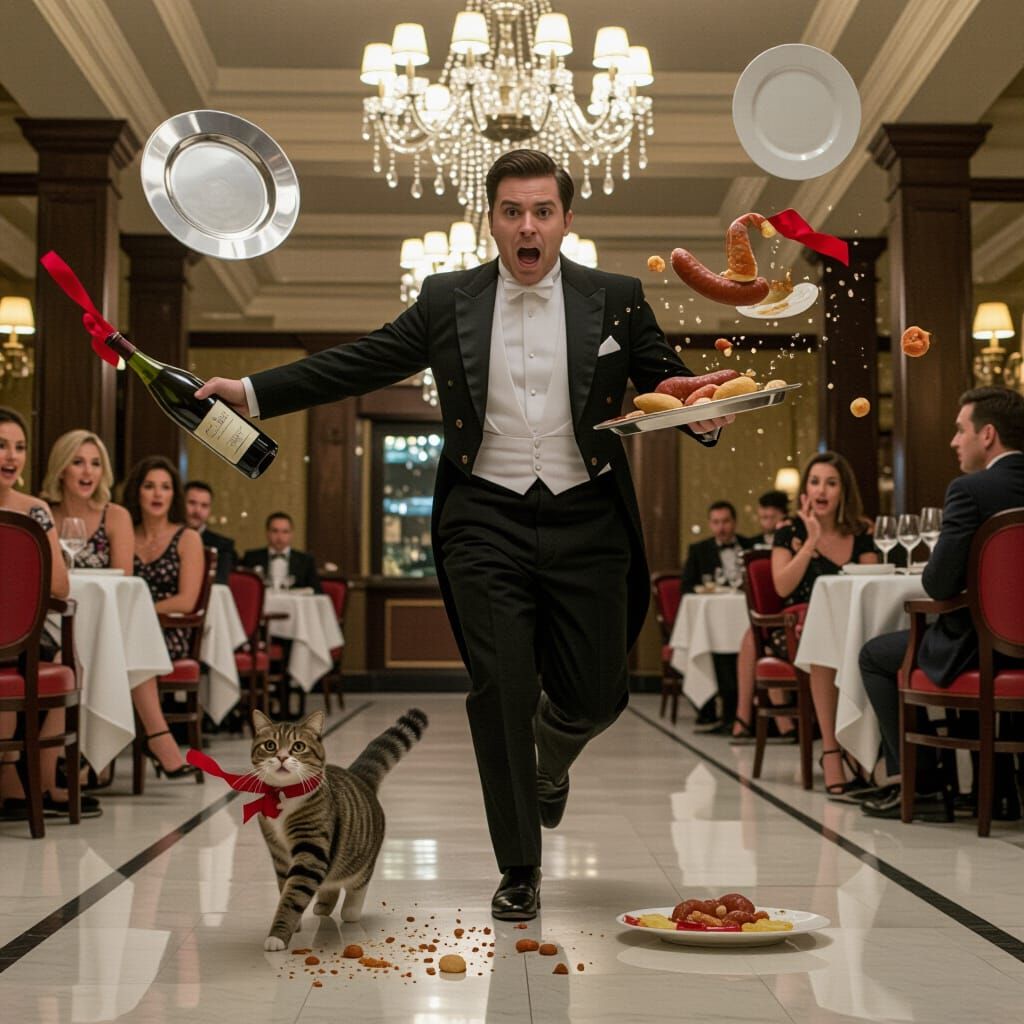 Waiter Trips Over Cat in Luxurious Restaurant