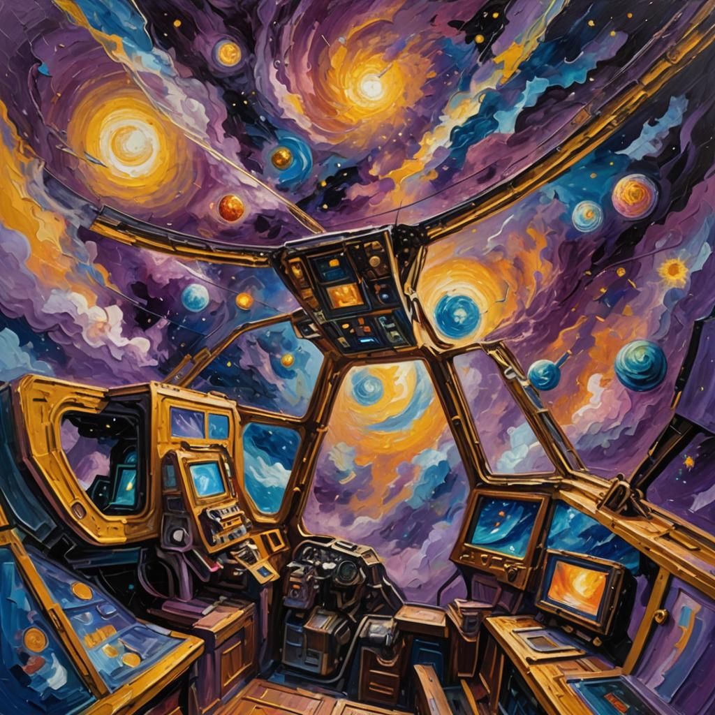 Expressionist Humans in Spacecraft: Oil Painting