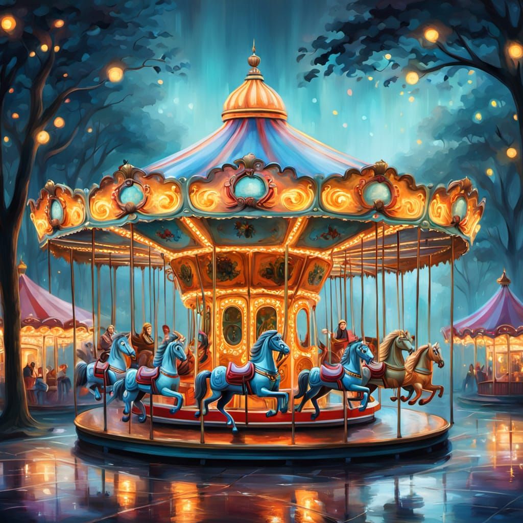 Vibrant Carousel Glows in Misty Park at Night