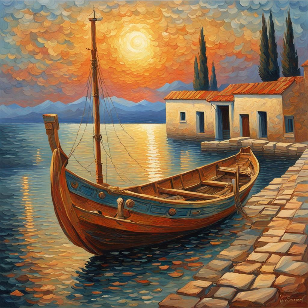 Neo-Impressionistic Greek Fishing Boat Scene
