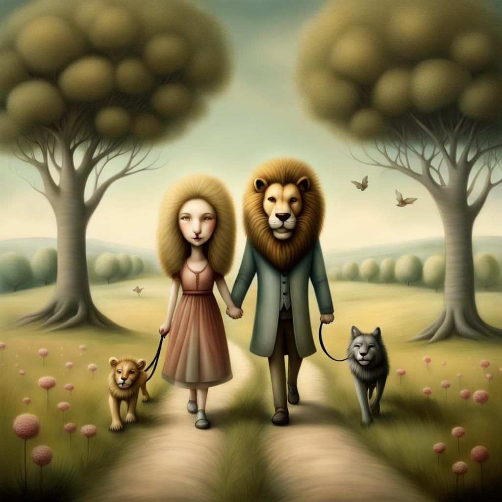 A smiling man and a smiling woman are walking in a meadow, holding hands, each with a big old lion and a wolves on a lea...