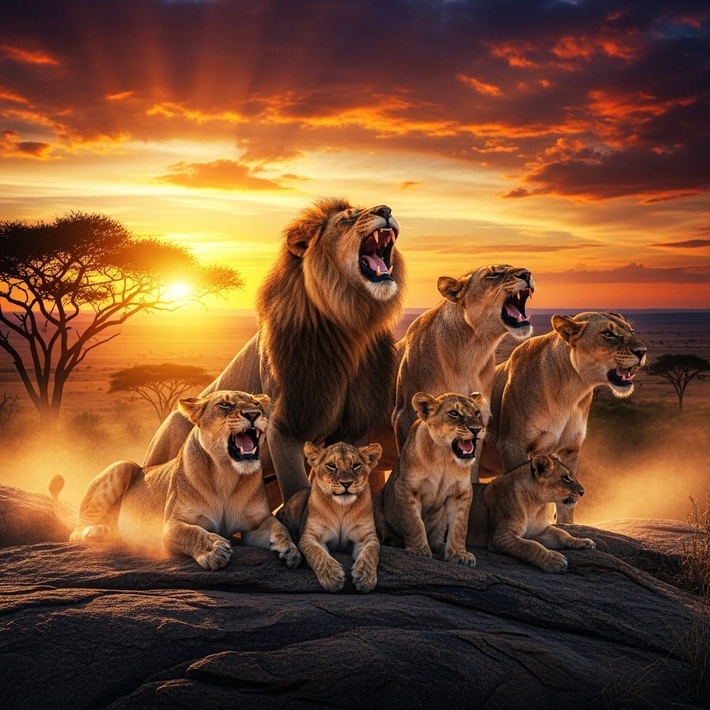 Majestic Lions Roar at Sunset on Savanna