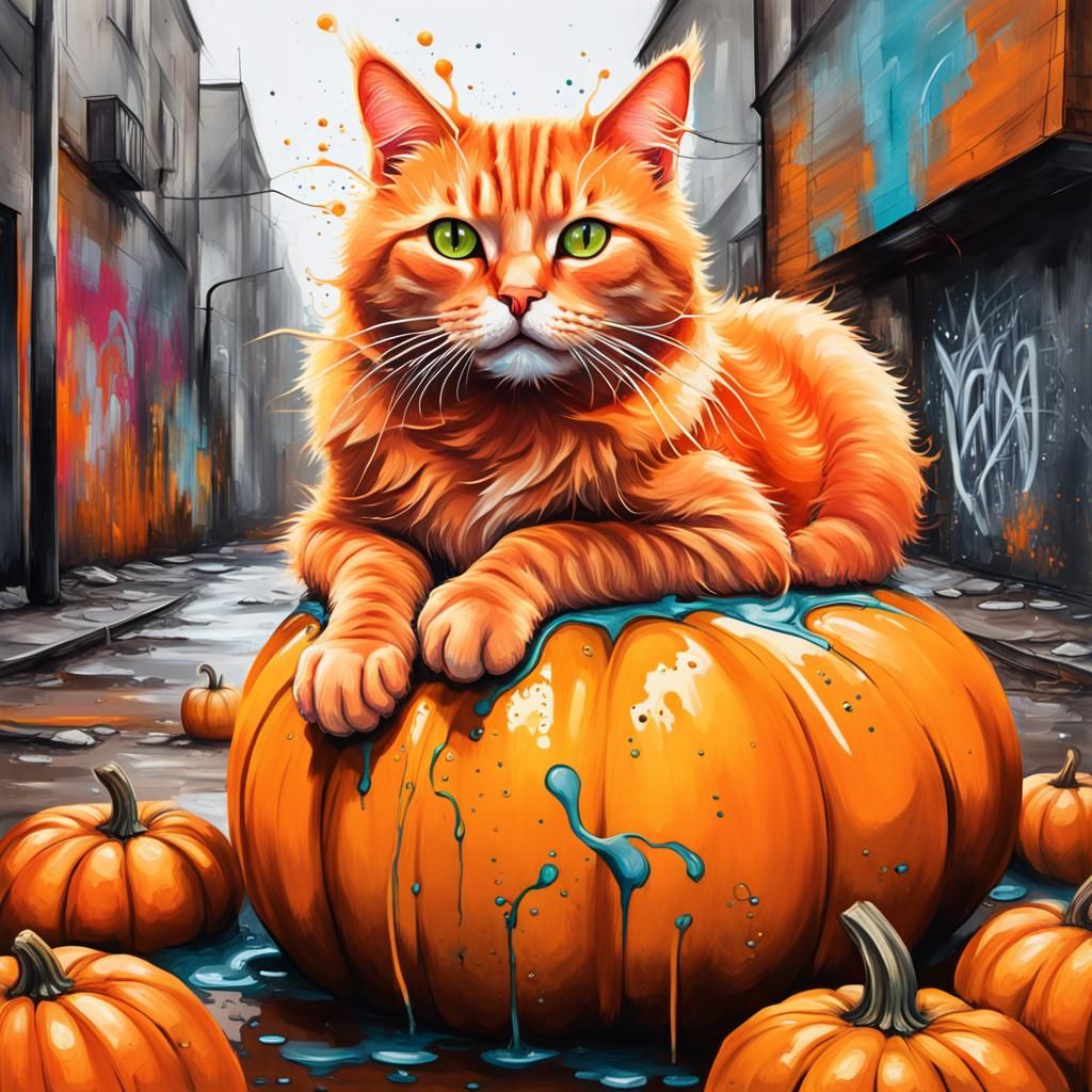 Graffiti Art: Orange Cat on Pumpkin
