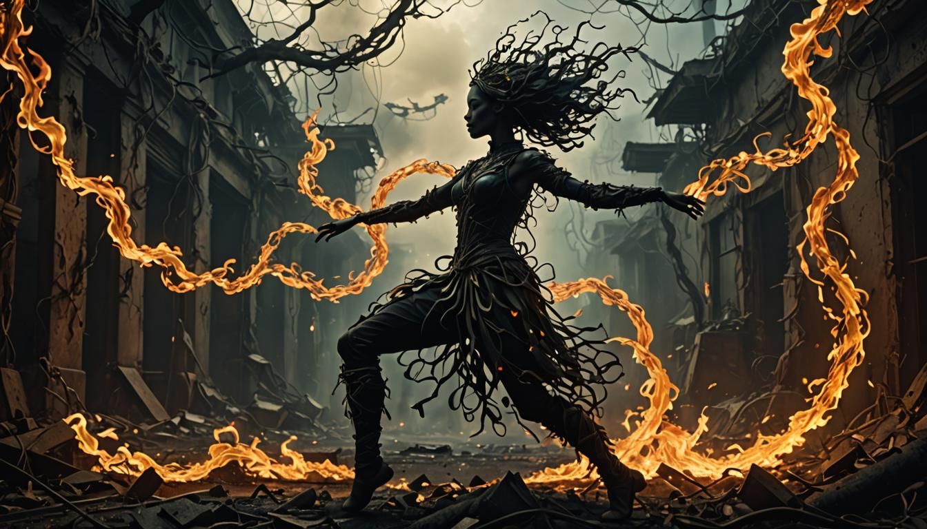 Fire dancers within the ruins of the city