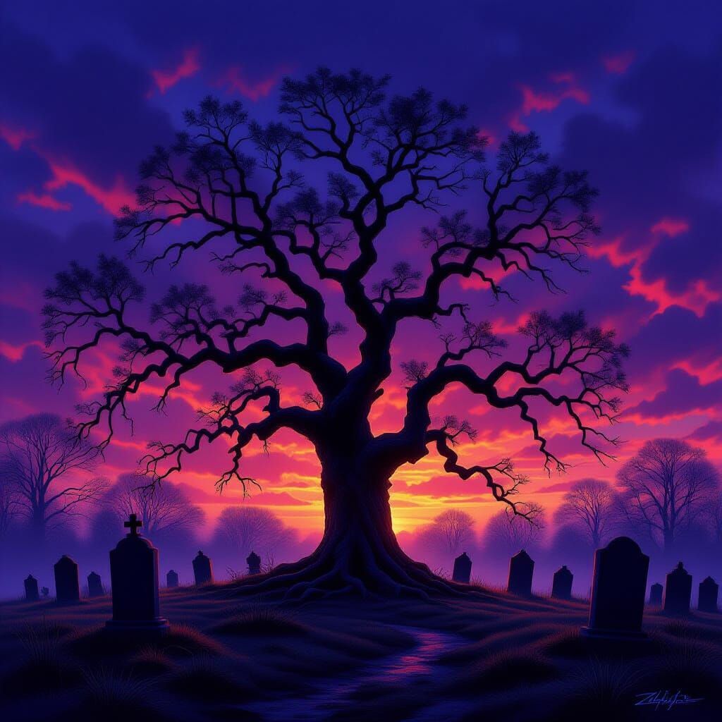 Ancient Oak Tree in Twilight Graveyard