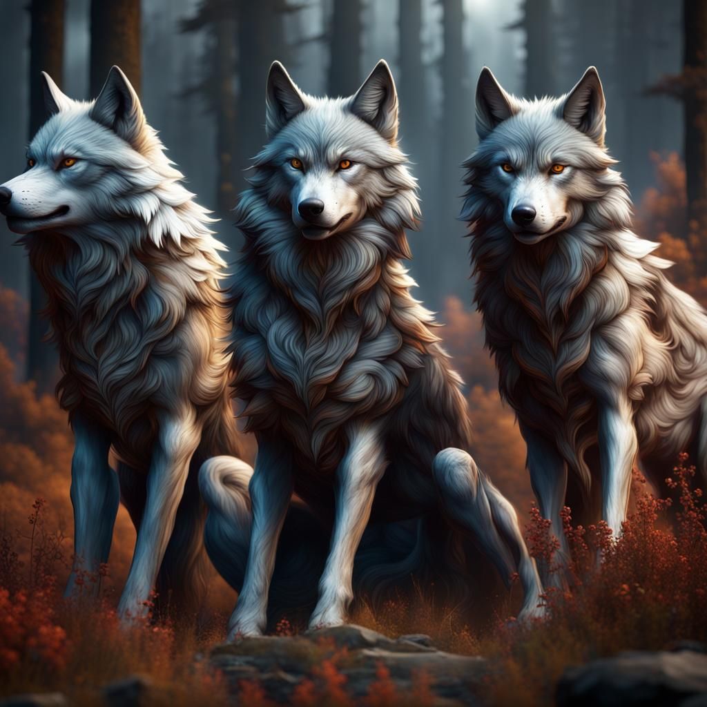 Three Wolves in Detailed Fantasy Matte Painting