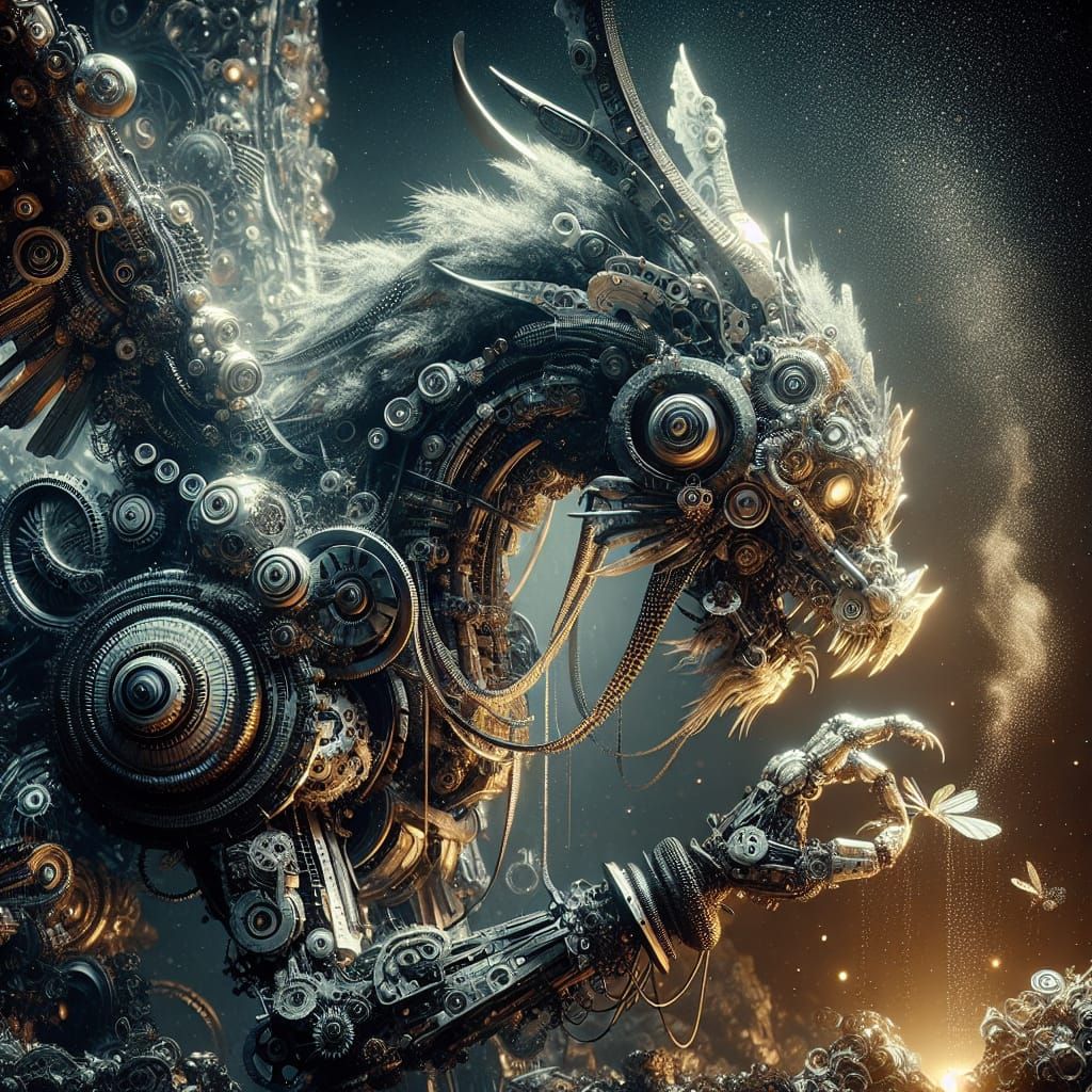 Mechanical Dragon Examines a Torn Wing in Intricate Detail