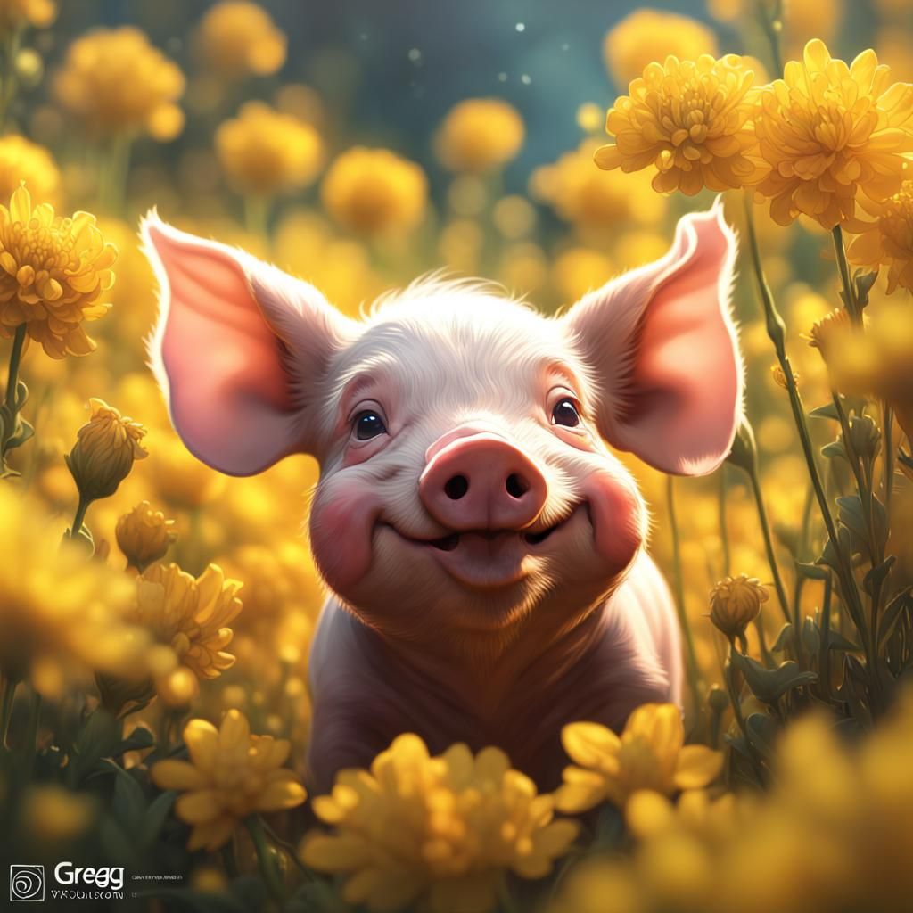 Smiling Piglet Portrait in Field of Flowers