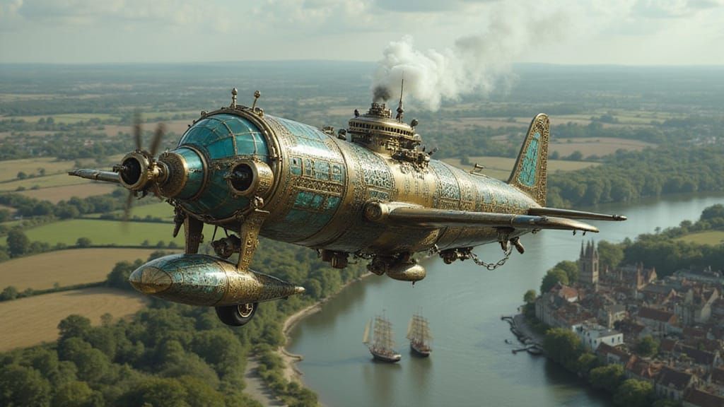 Steampunk Dog-Shaped Aircraft Over English Countryside