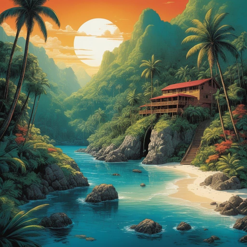 Exotic Island Oasis in Vibrant Comic Book Style