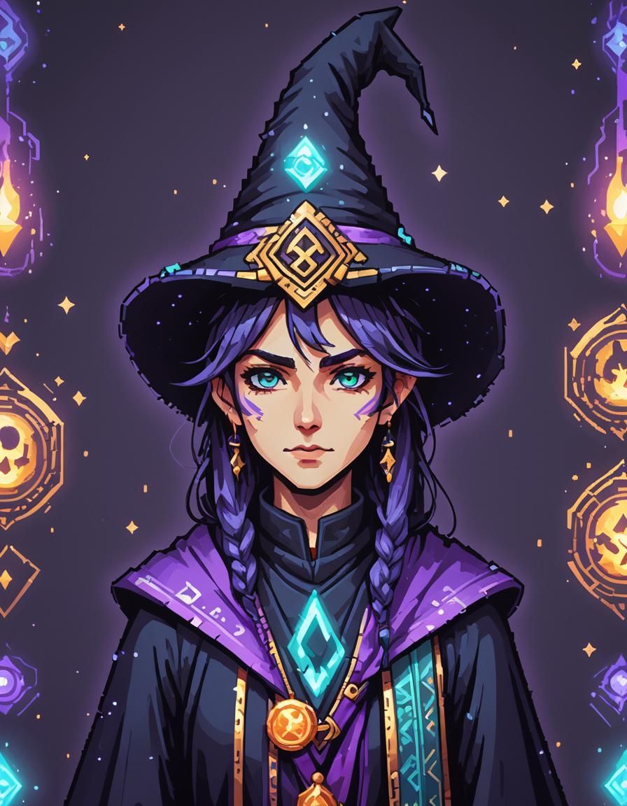 Pixel Art Mage with Mystical Symbols and Glowing Eyes