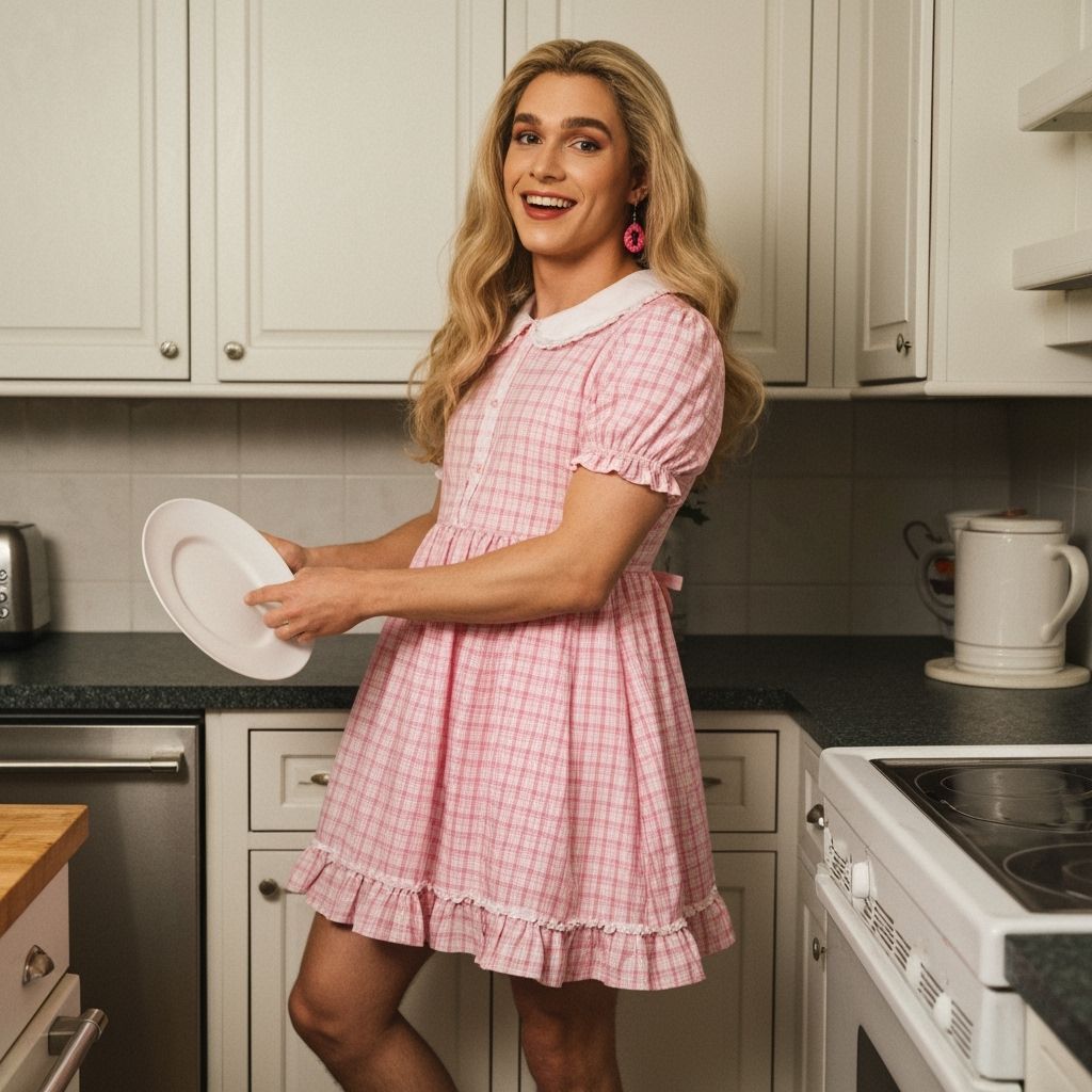 Man in Babydoll Dress Washing Dishes in Kitchen