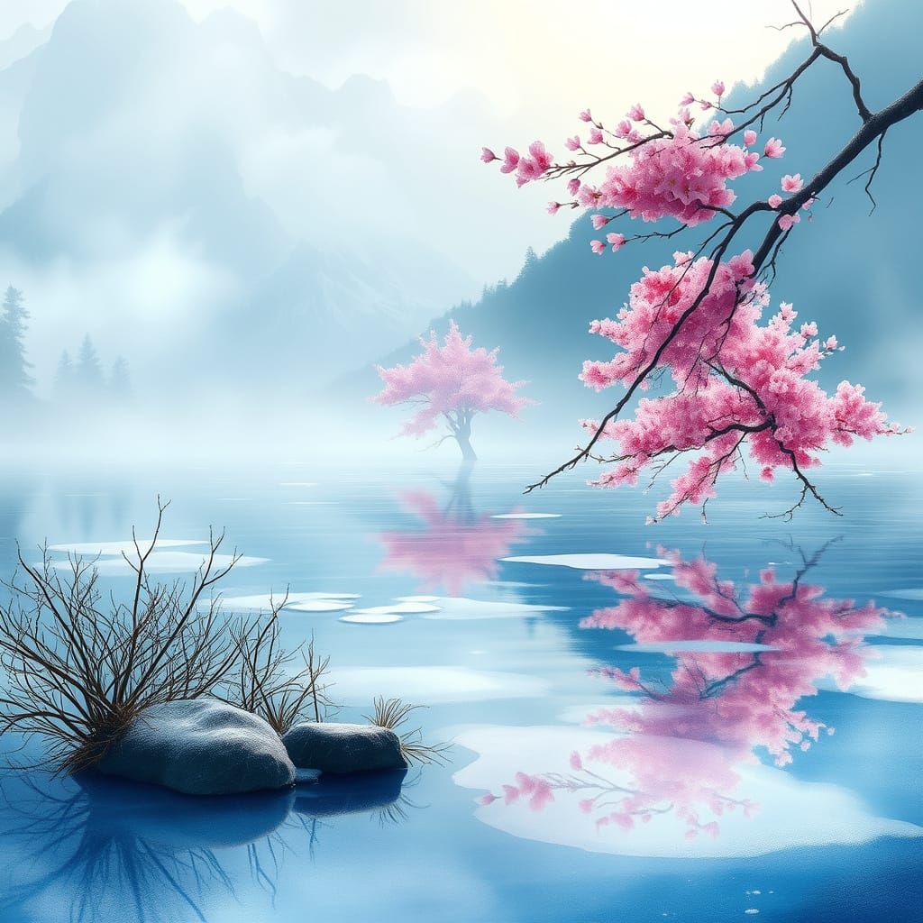 Enchanted Cherry Blossom Lake in Soft Watercolor Style