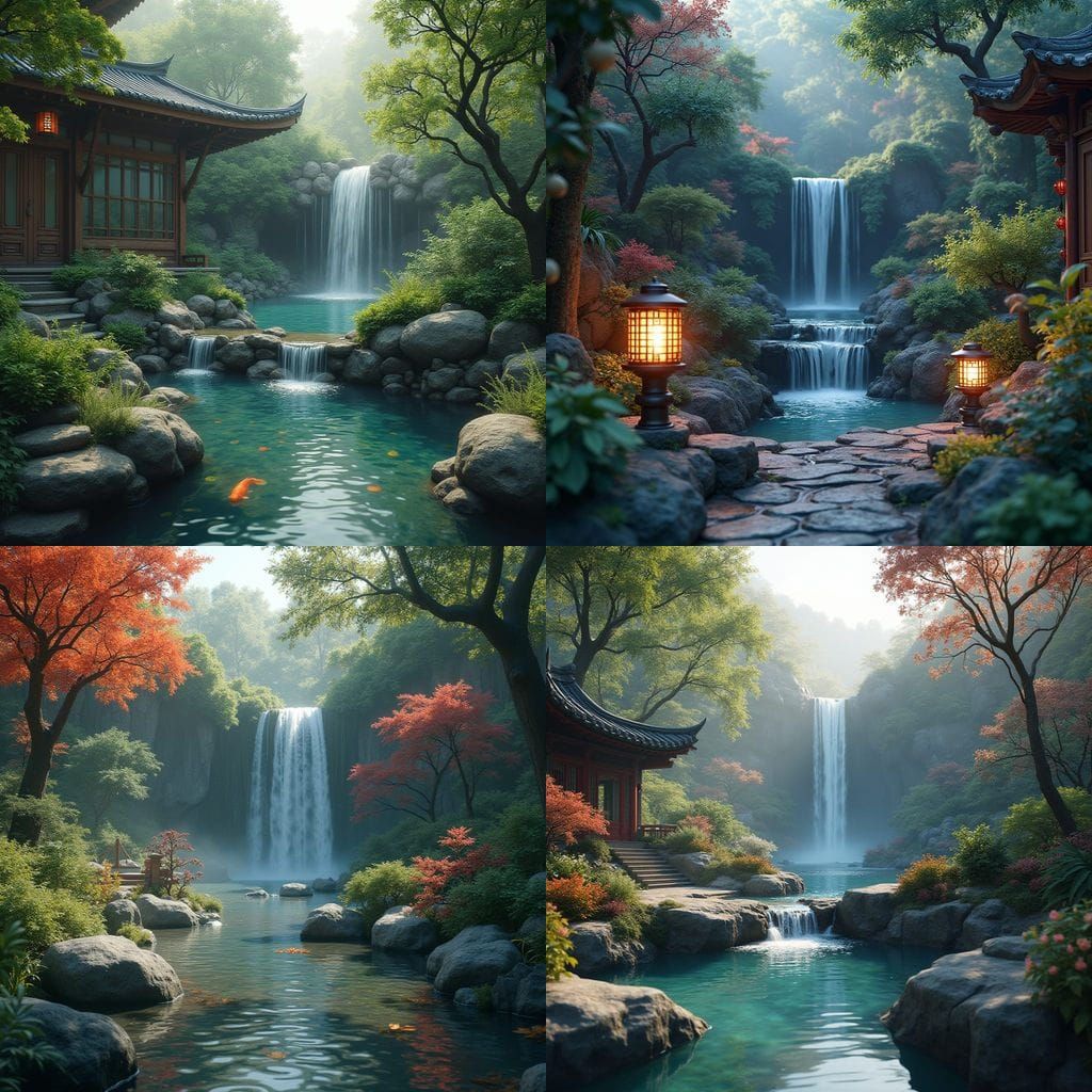 Serene Daoist Garden Landscape with Waterfall