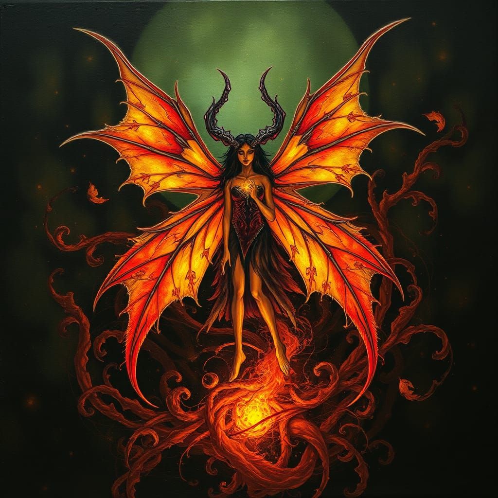 Diabolical Fire Fae with Encaustic Wings