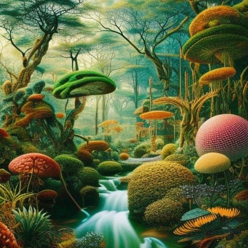 Surreal Mycelium Furniture in Forest, Rich Colors