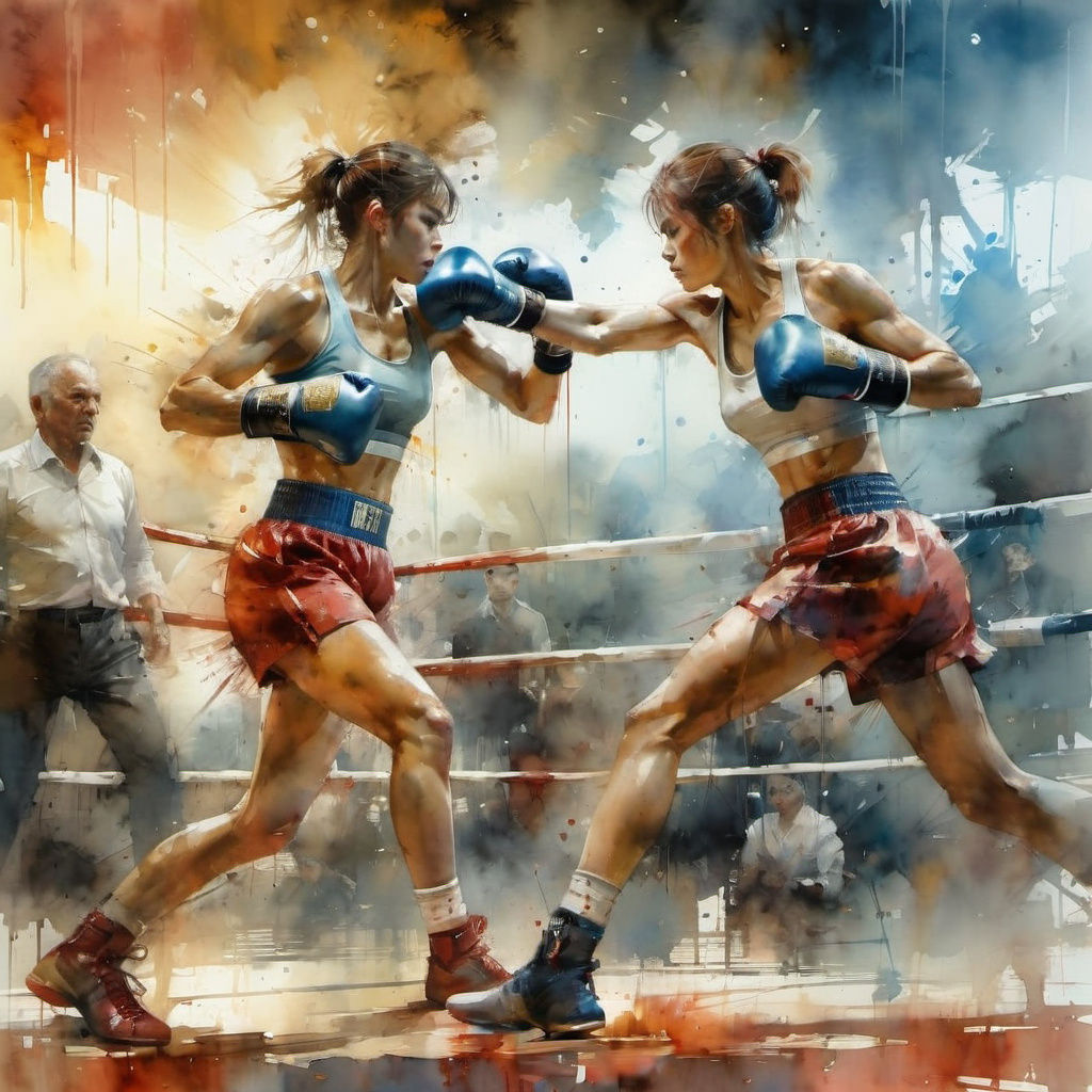 Watercolor Painting of Two Women Boxing in Ring