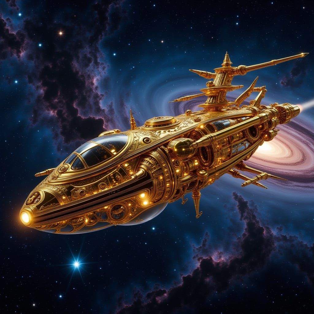 Steampunk Spaceship in Vivid Galactic Scene
