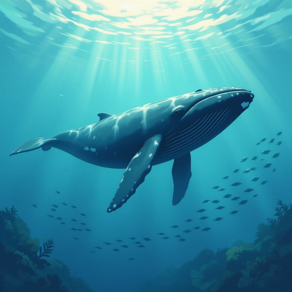 Massive Whale Swims Peacefully with Plankton in Ethereal Lig...