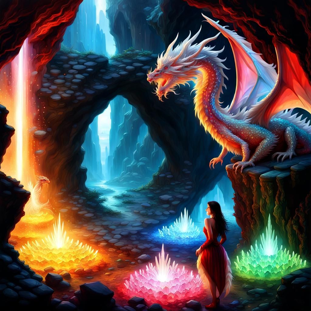 Luminescent Crystal Cave with Dragon, Detailed Art